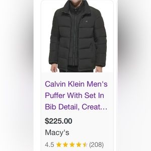 Calvin Klein Puffer Jacket Mens Medium Classic Bib Detail Coat Worn Once